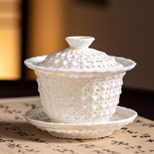 Handmade Linglong Woven Three-Piece Gaiwan 160ml White Ceramic Gongfu Tea Bowl